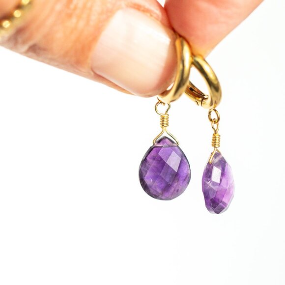 Gorgeous Amethyst Huggie Earring Waterproof Gold Huggies Genuine Amethyst PRETTY - Picture 1 of 7